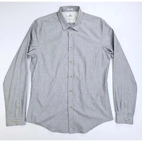 Ben Sherman Soho Slim Fit Mens Size Large Gray Black Polka Dot Long Sleeve Shirt - Picture 1 of 13